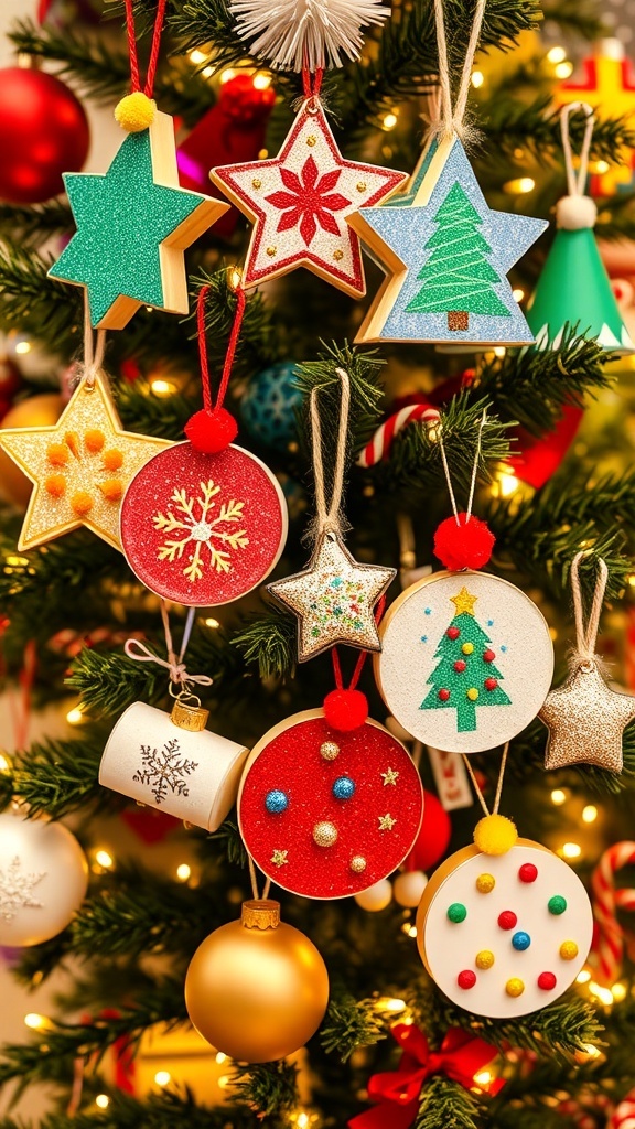 DIY Preschool Christmas Ornaments Handmade Christmas ornaments in various shapes hanging on a tree, decorated with glitter and colorful designs.